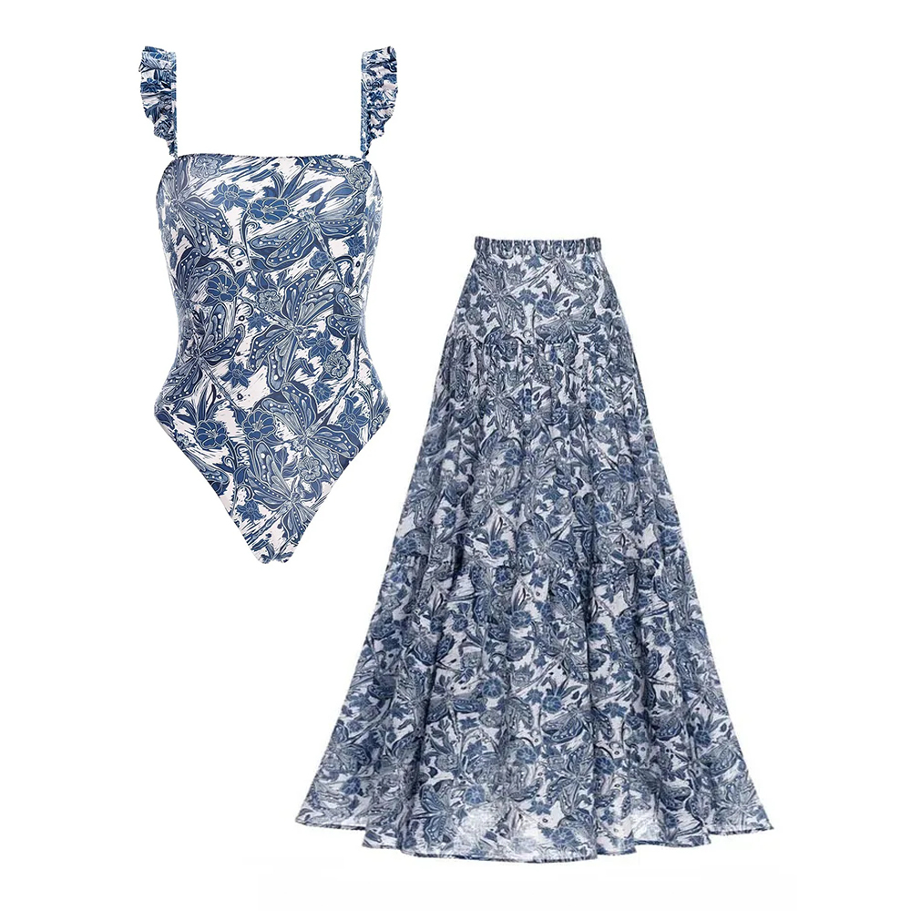 Romantic Floral Bodysuit and Flowing High-Rise Skirt with Ruffle Detai
