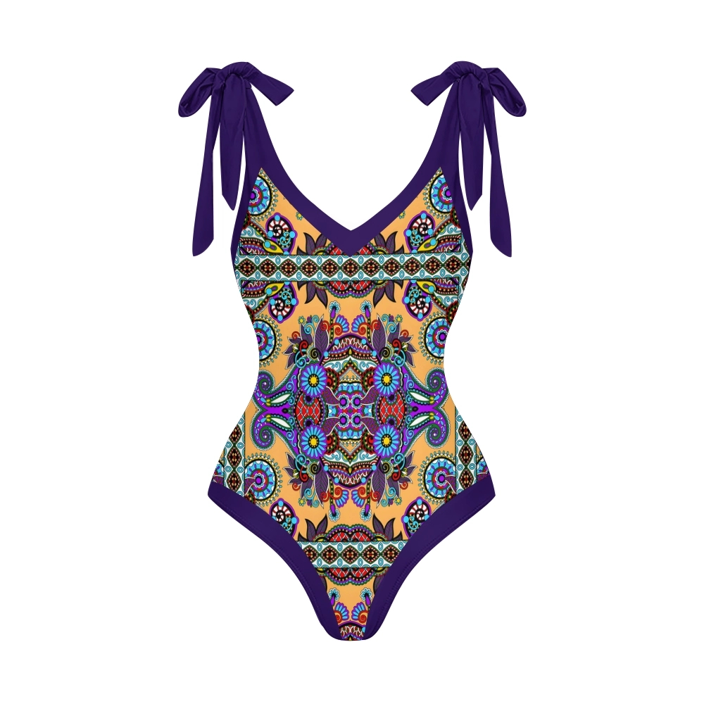 Bohemian One-Piece Swimsuit Set Shoulder Tie Bathing Suit with Matching Skirt