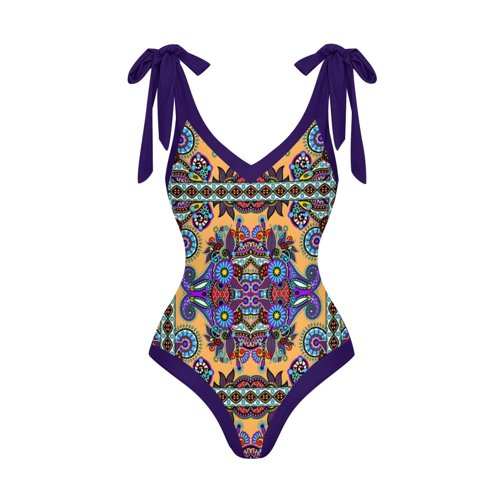 Bohemian One-Piece Swimsuit Set Shoulder Tie Bathing Suit with Matching Skirt