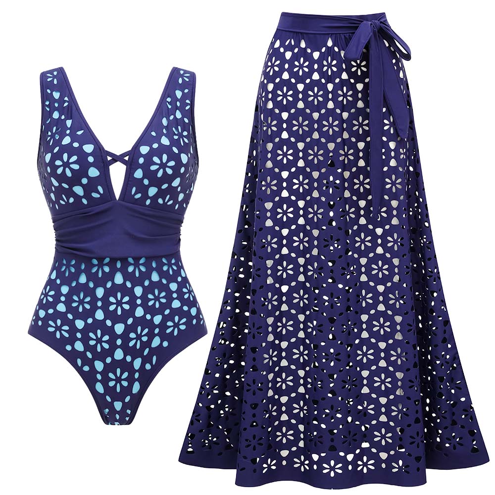 Women's V Neck Bestselling Sexy Solid Color Cut-Out One-Piece Swimsuit Set - Blue