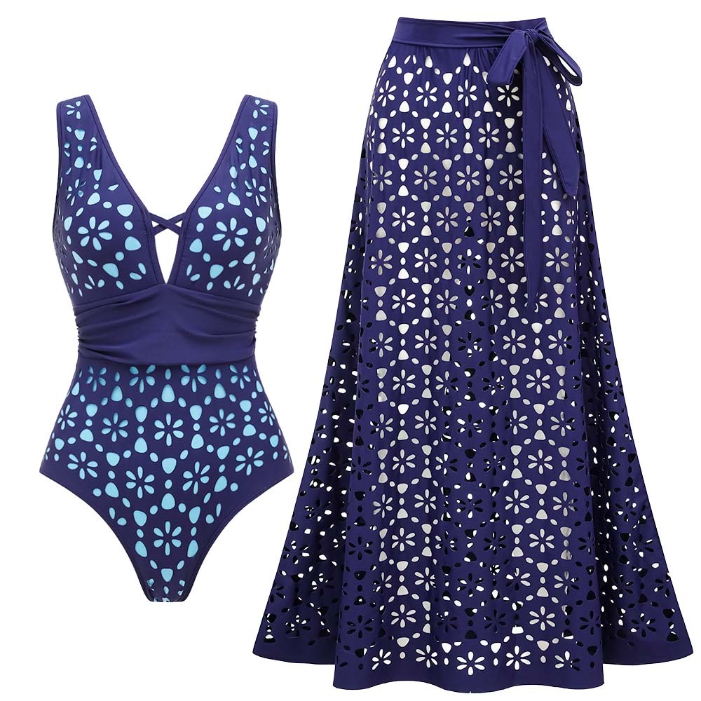 Women's V Neck Bestselling Sexy Solid Color Cut-Out One-Piece Swimsuit Set - Blue