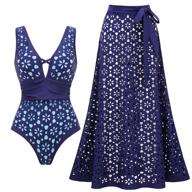 Women's V Neck Bestselling Sexy Solid Color Cut-Out One-Piece Swimsuit Set - Blue