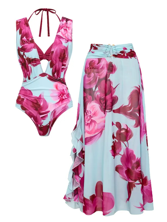 Abstract Floral Printed Two-piece Swimsuit and Skirt