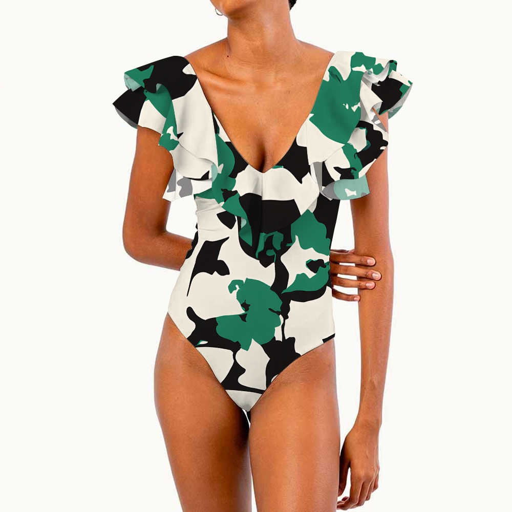 Ruffled Camouflage Print V-Neck One-Piece Swimsuit and Sarong Skirt