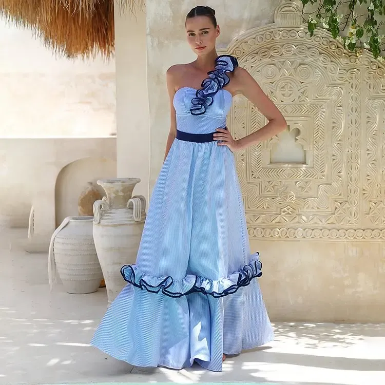 Women's Blue Stripe One-Shoulder One-Piece Swimsuit with Skirt