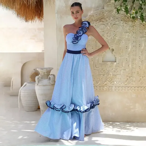 Women's Blue Stripe One-Shoulder One-Piece Swimsuit with Skirt