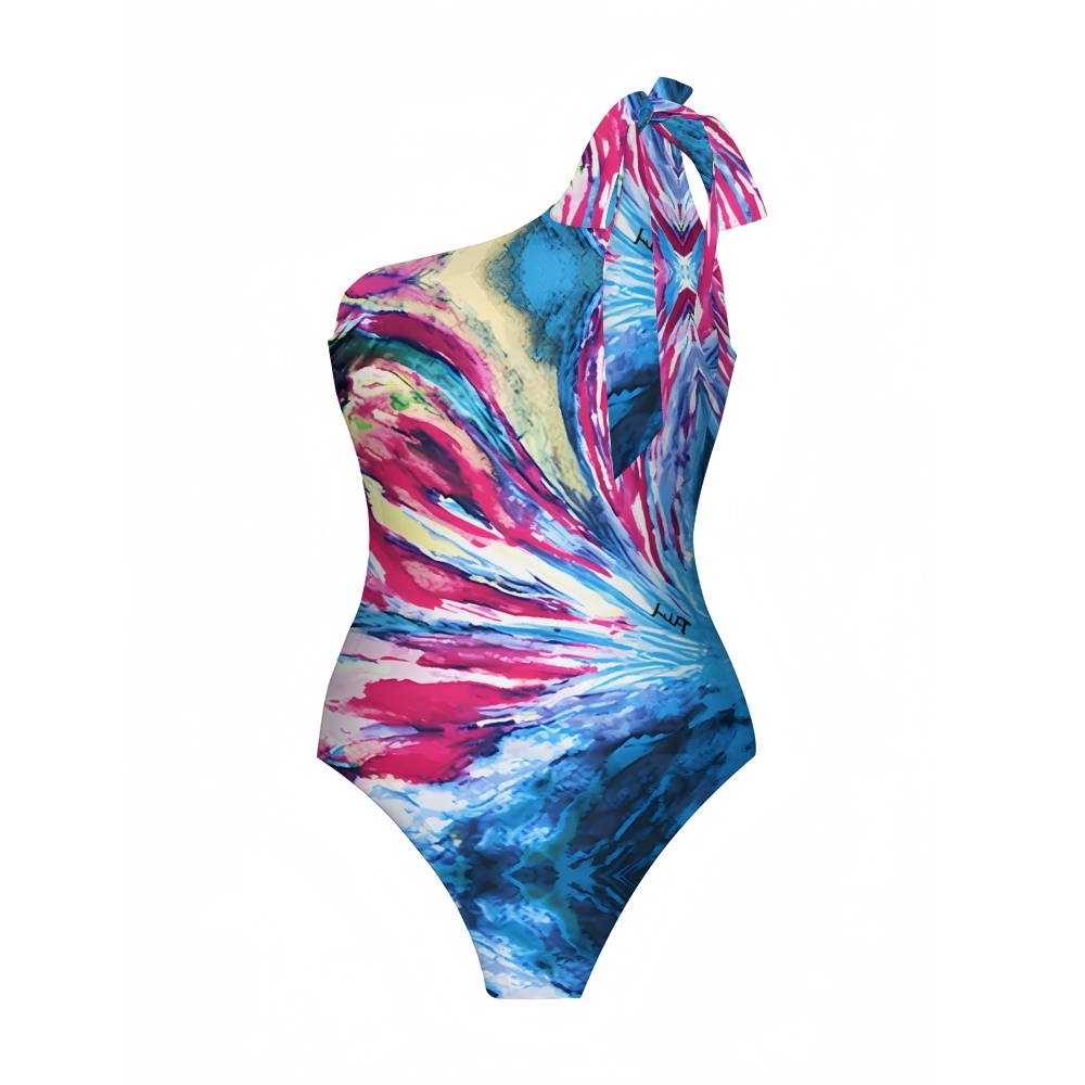 Abstract Print One-Shoulder One-Piece Swimsuit with Matching Sarong Skirt