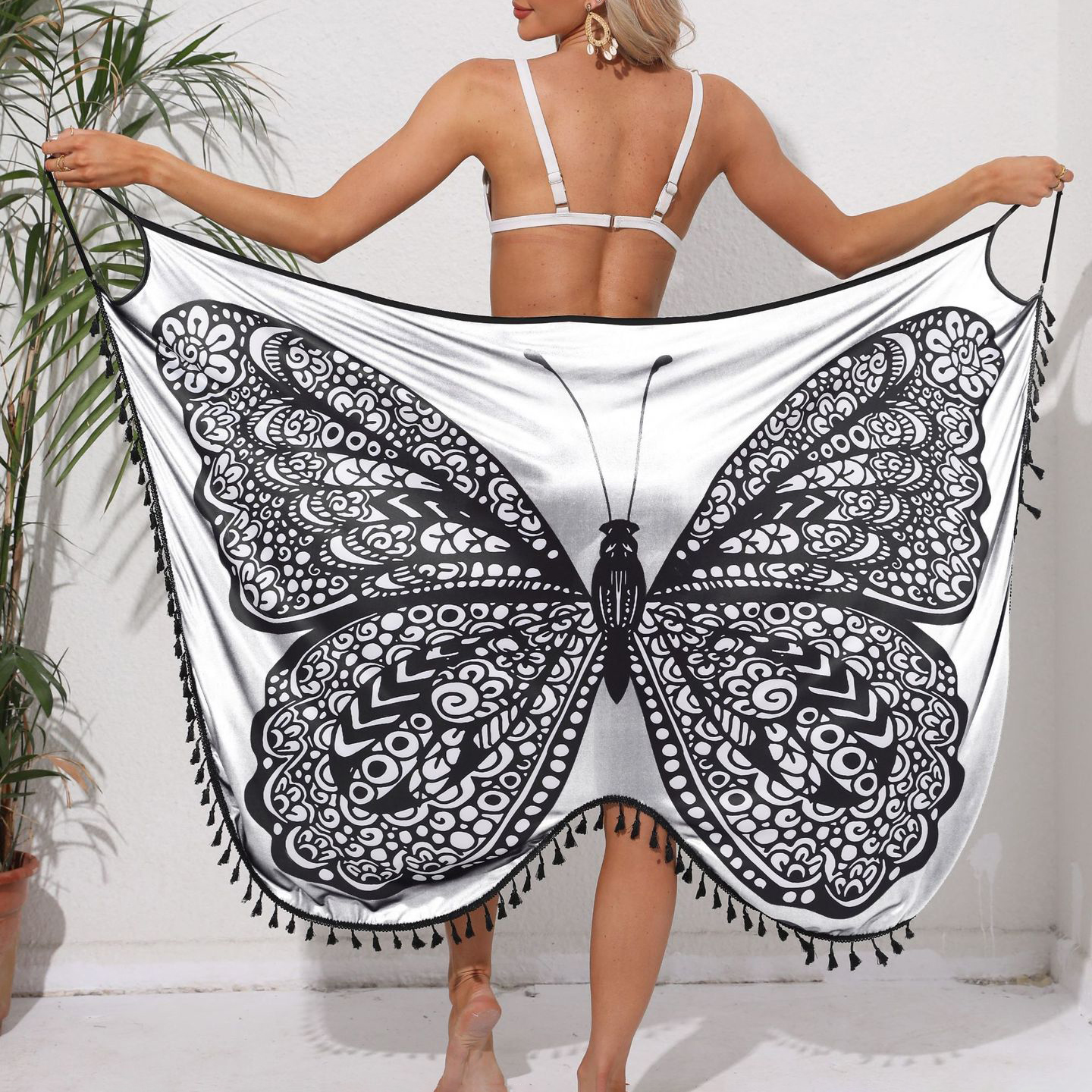 Vacation Style Butterfly Print Spaghetti Strap Beach Dress with Tie-Back and Open Back