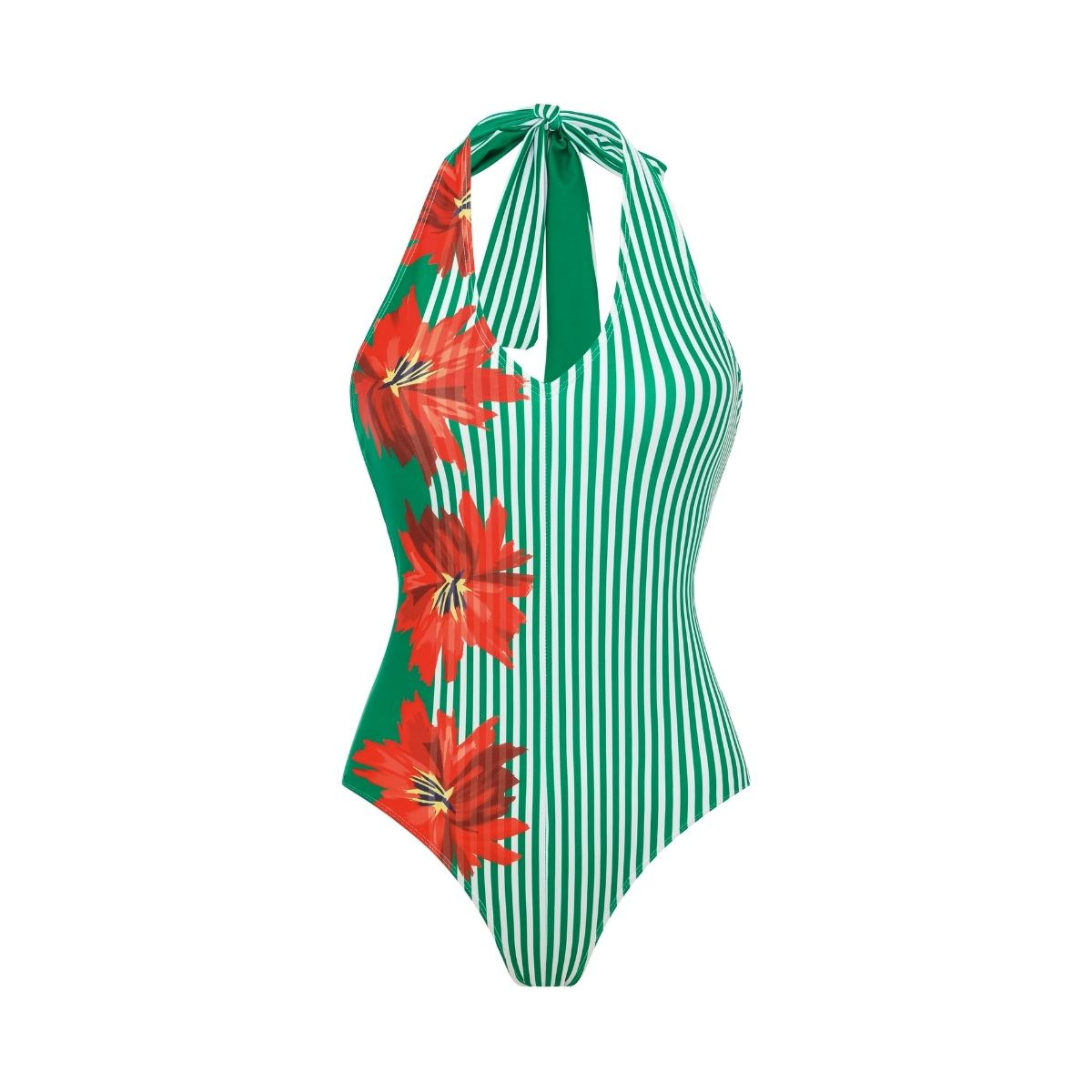 New Green Stripe & Floral Patchwork Swimsuit Set: Halter Neck One-Piece and Matching Skirt