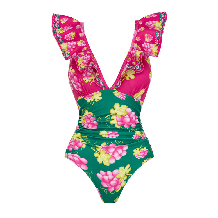 Women's Plunging V-Neck with Vintage Print One-Piece Swimsuit