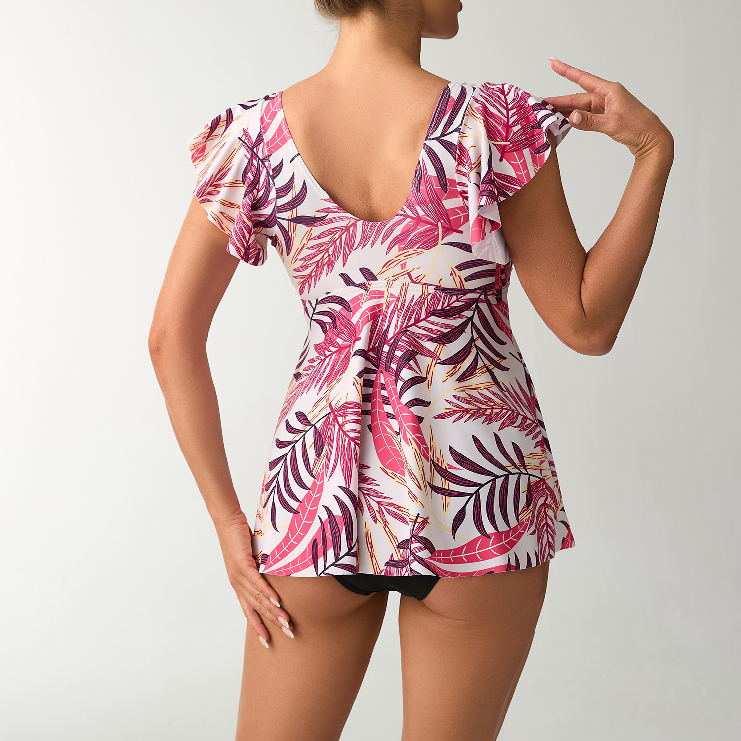Women's Short Sleeve Ruffle Trim Skirted Swimwear Set with Tropical Botanical Print