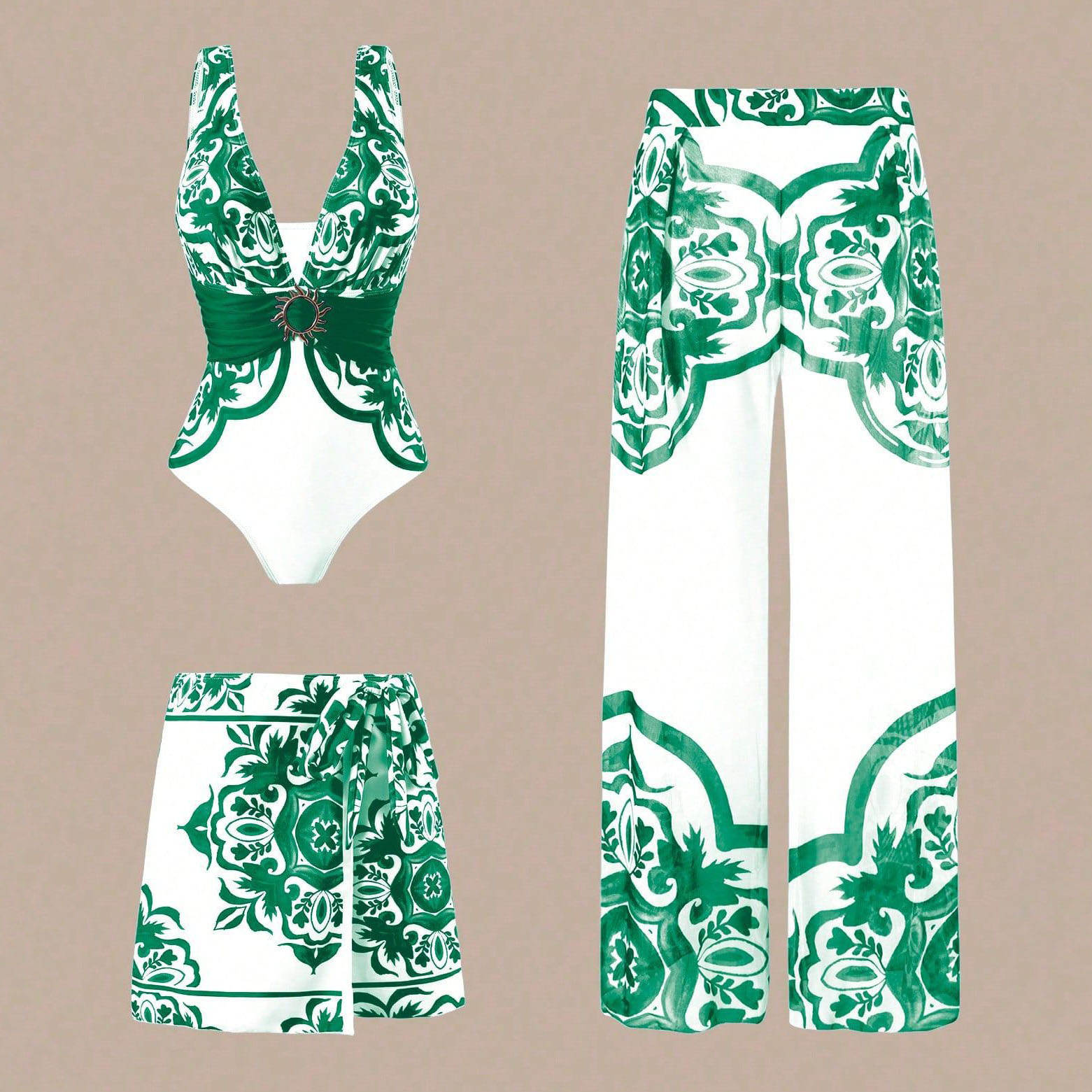 Artistic Blue Porcelain Print Swimsuit Ensemble - 3-Piece Vintage Romper with Tiered Skirt Cover-Up