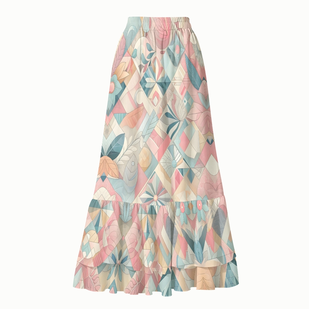 Pastel Geometric Bow Detail One Piece Swimsuit and Tiered Maxi Skirt Set