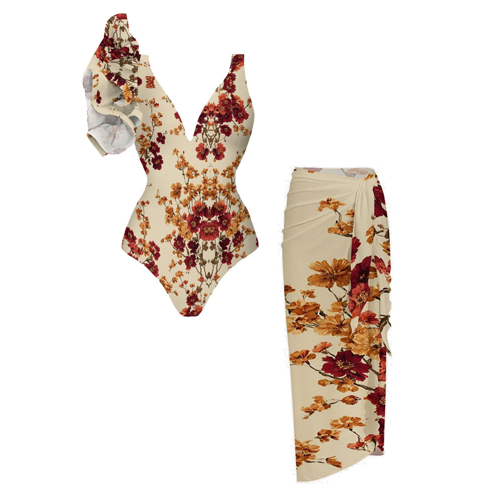 Retro Floral Print Ruffle Swimsuit Set With Beach Skirt