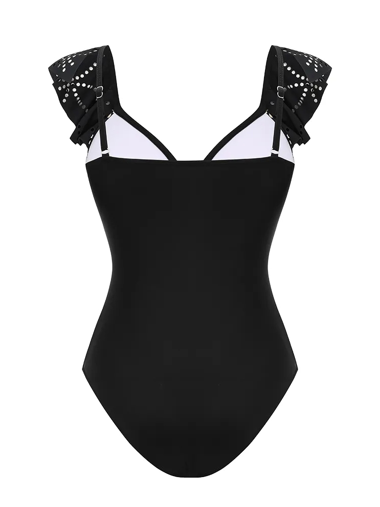 Underwired Black Ruffle Laser Cutting Flower Swimsuit and Skirt