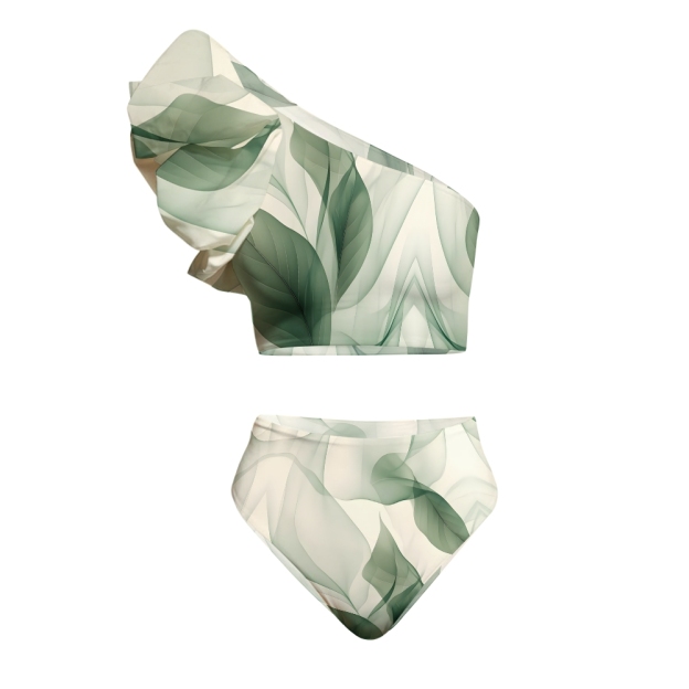 Leaf Print Ruffles Bikini Set with Matching Tiered Maxi Skirt