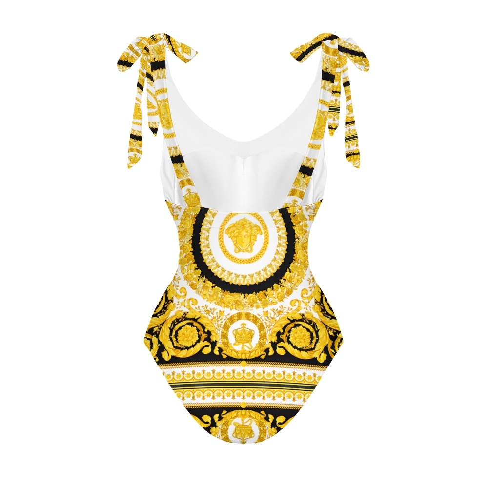 Women's Luxurious Baroque Medusa Pattern Fabric in Black and Gold One-Piece Swimsuit with Skirt