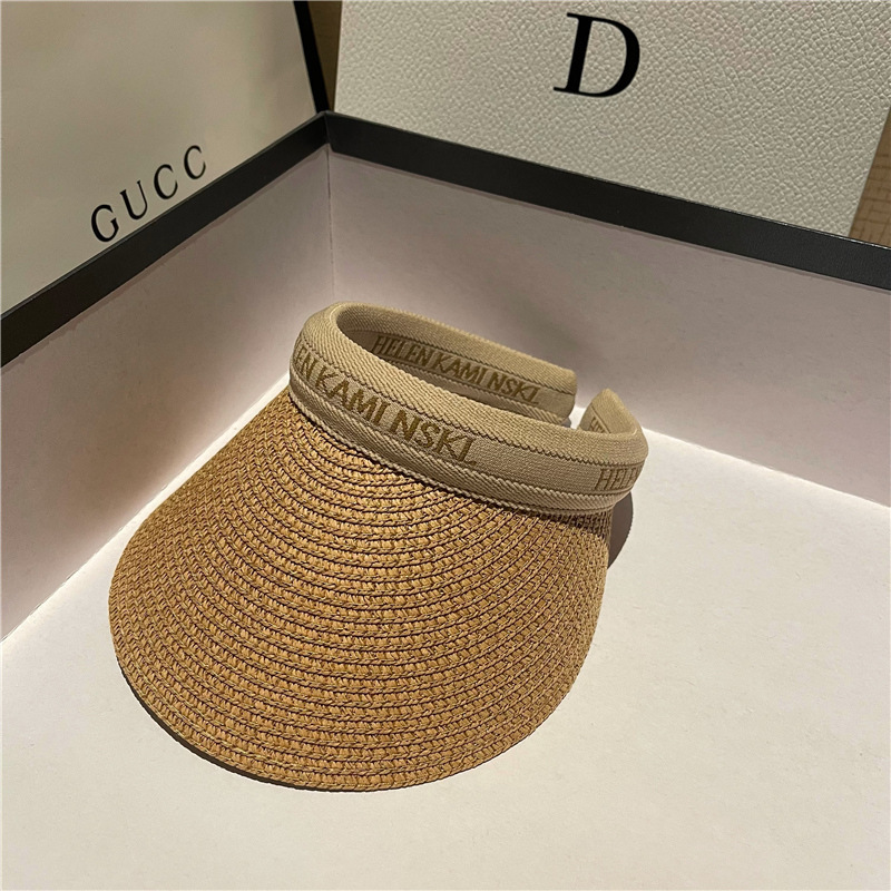 Straw Sun Visor With Wide Brim Open Top and Embroidered Band Suitable 