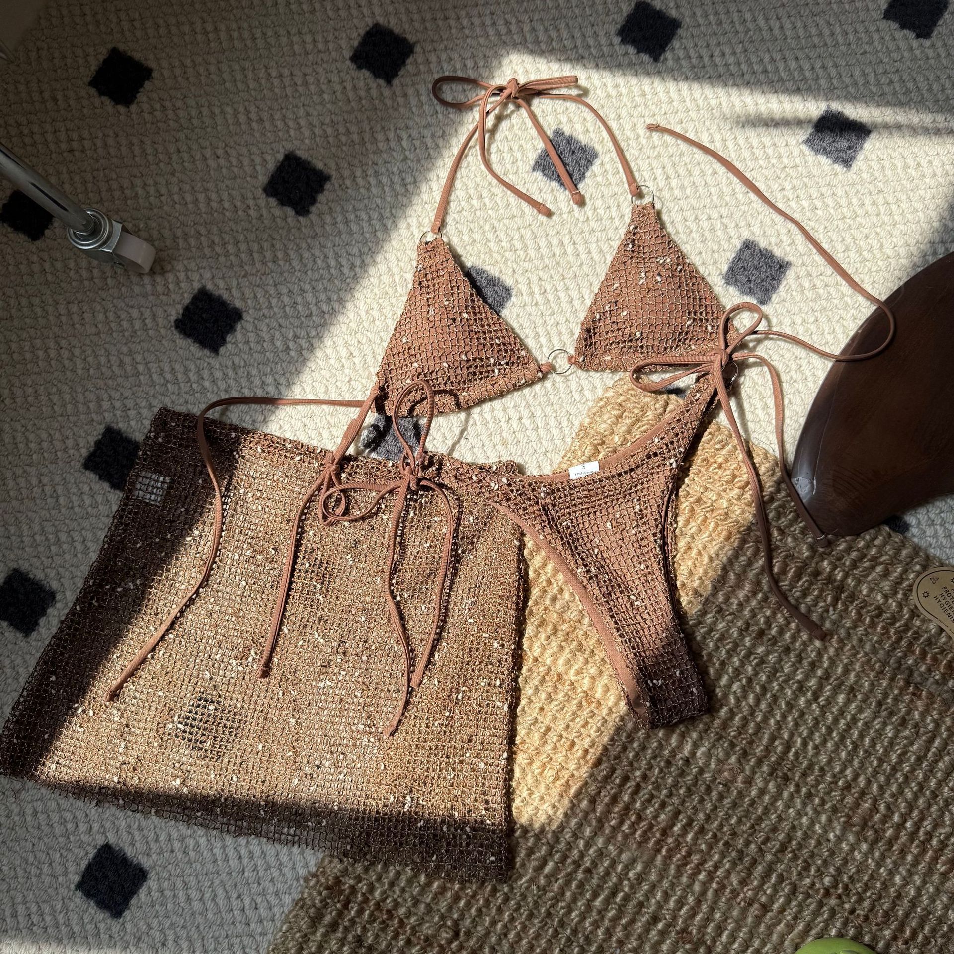 Sexy Halter Crochet Mesh Three Piece Bikini Swimsuit Featuring Matching Sequin Mesh Skirt