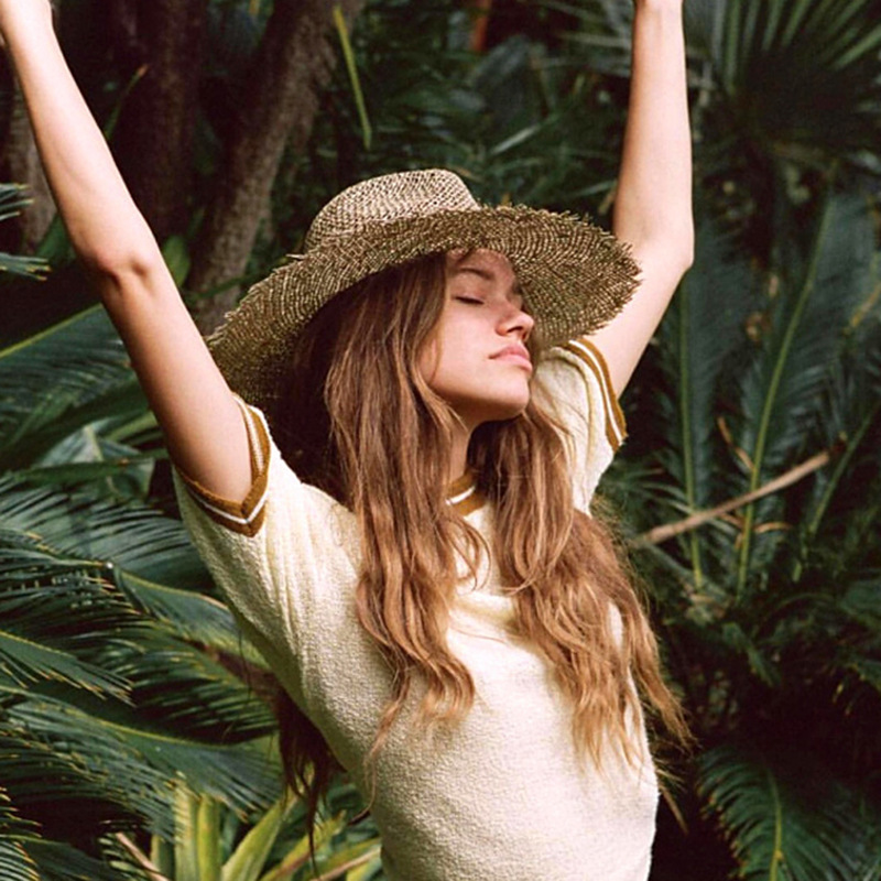 Straw Sun Hat With Wide Brim Round Crown and Contrast Band Perfect for Beach Styling