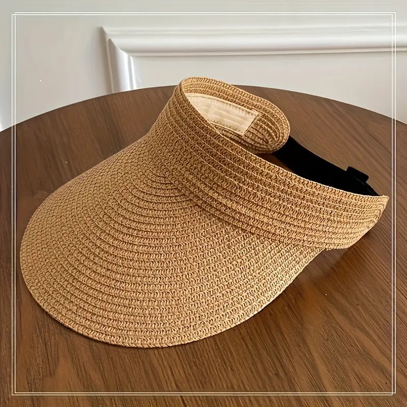 Straw Sun Visor With Wide Brim Open Top and Adjustable Strap Suitable 