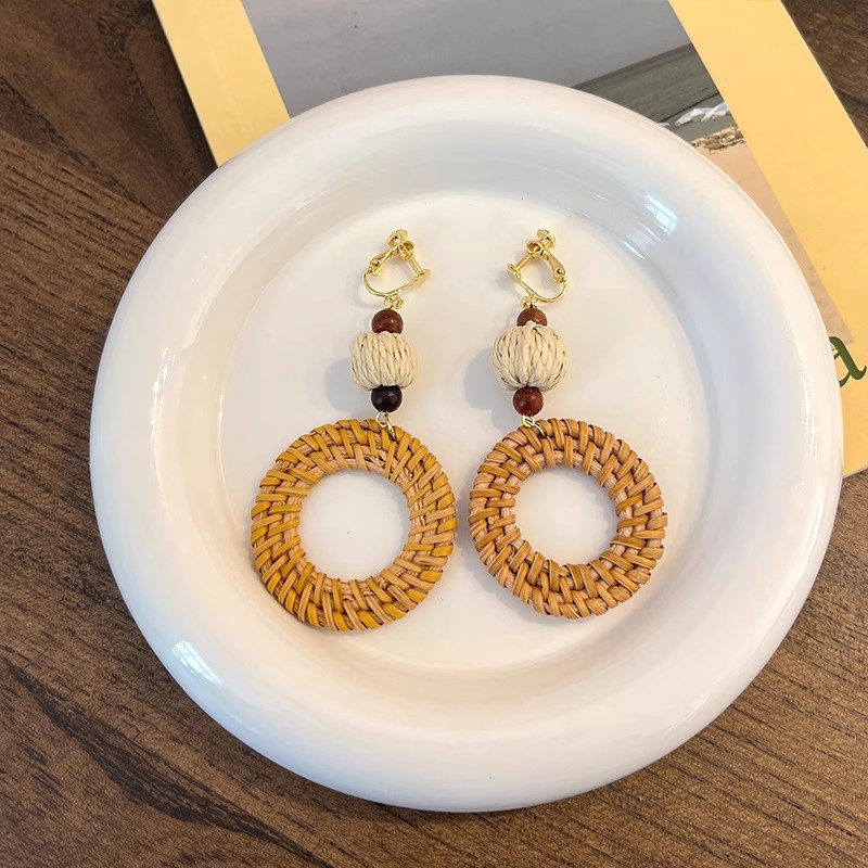 Handmade Woven Rattan Earrings in Hoop and Triangle Shapes Available in Clip-On and Stud Styles for Summer Outfits