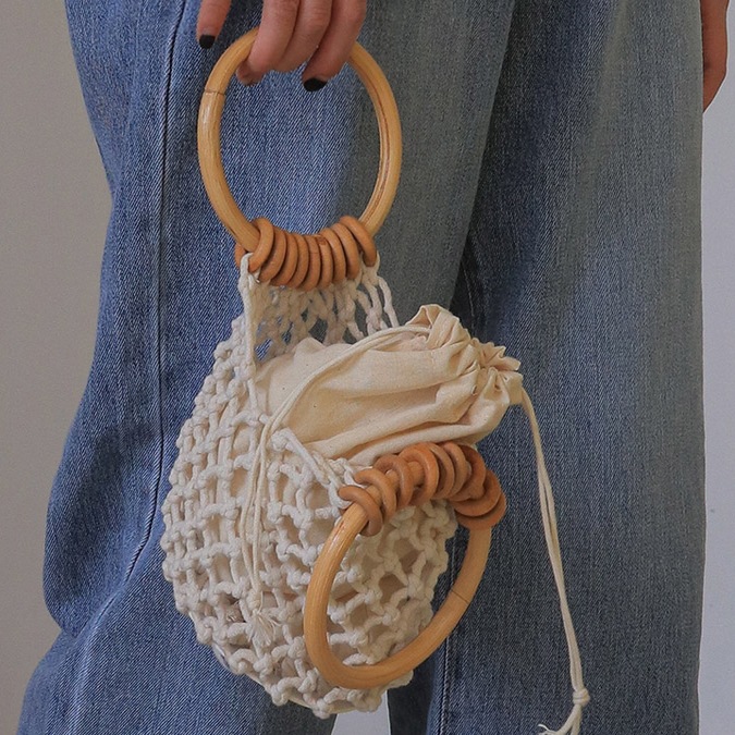 Mini Wooden Ring Cotton Rope Openwork Mesh Handbag Handwoven Straw Beach Tote