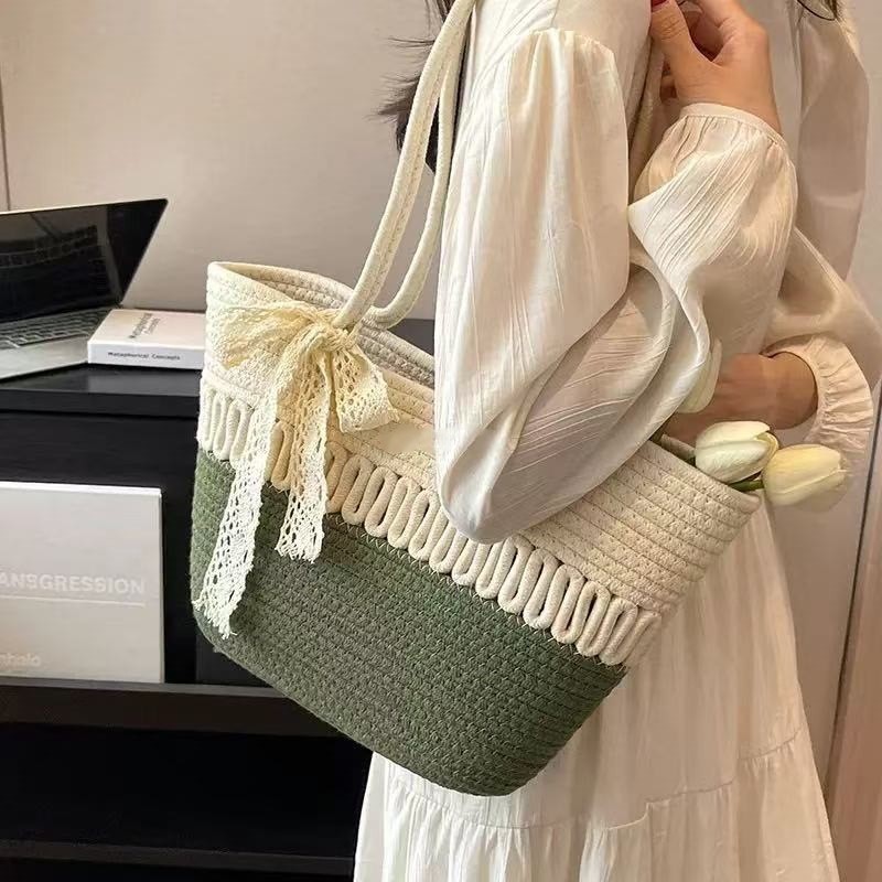 Single-Shoulder Handwoven Cotton Rope Openwork Tote Bag with Large Capacity for Beach Use