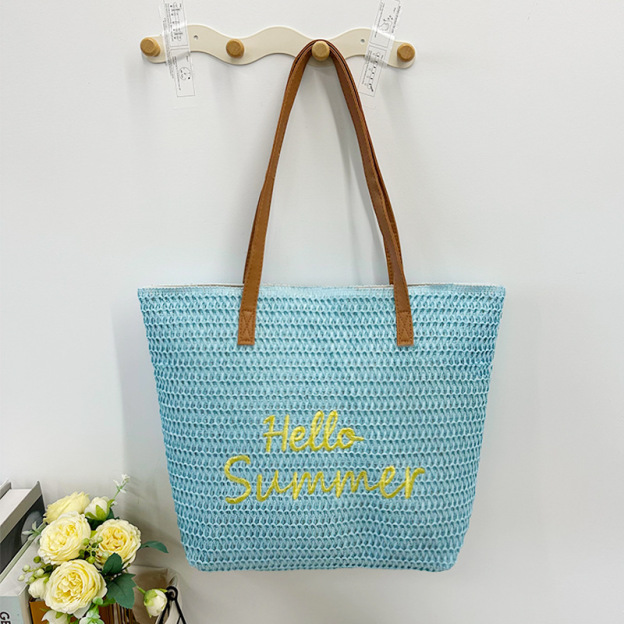 New PP Woven Letter Embroidered Tote Bag - Versatile Beach Vacation Shoulder Bag