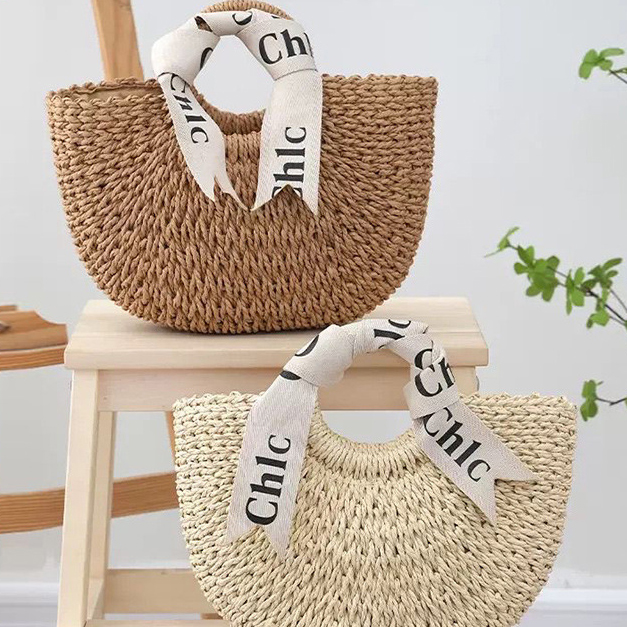 French-Style Woven Round Bean Tote Bag for Beach Vacations
