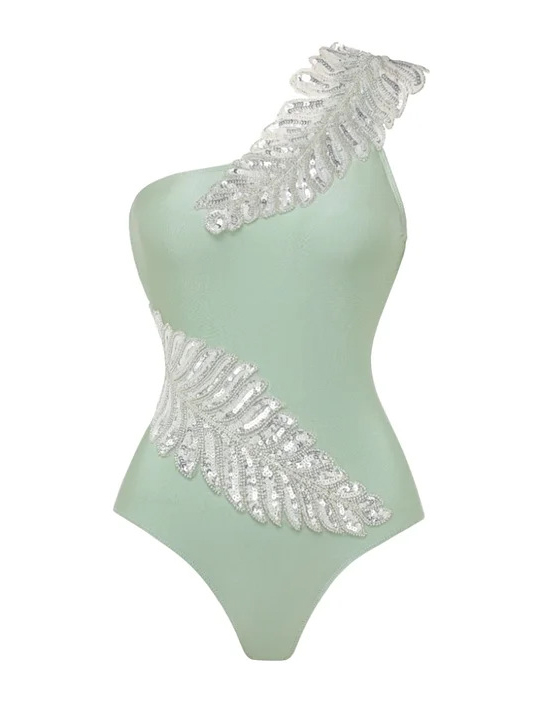 Beads Embroidered with Solid Color Swimsuit