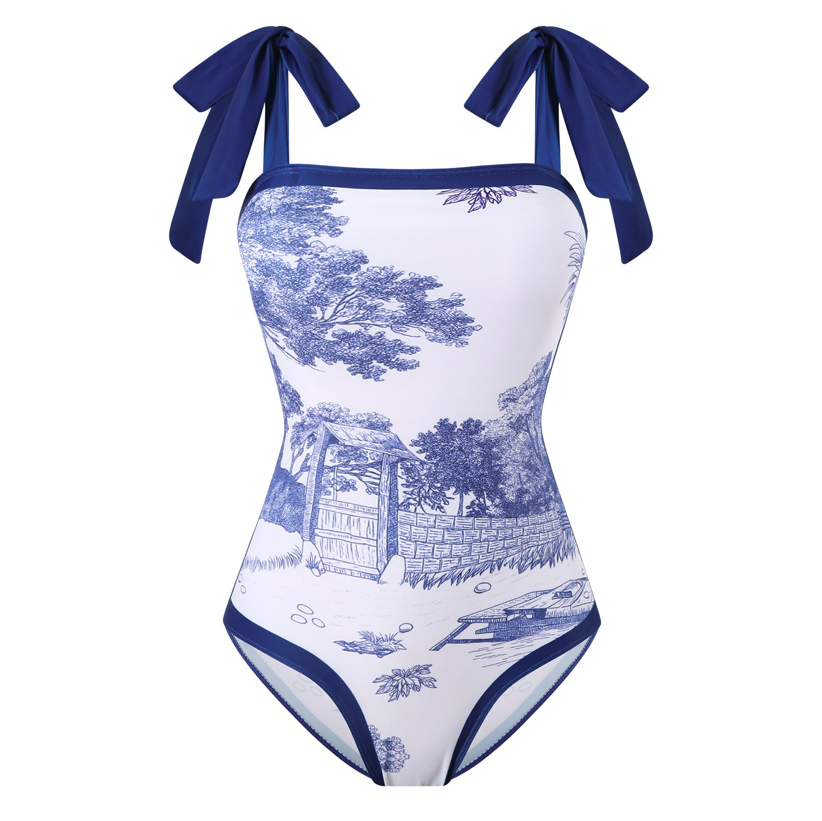 Women's Scenic Painting Print One-Piece Swimsuit and Matching Maxi Skirt