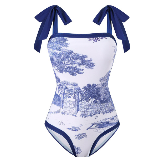 Women's Scenic Painting Print One-Piece Swimsuit and Matching Maxi Skirt