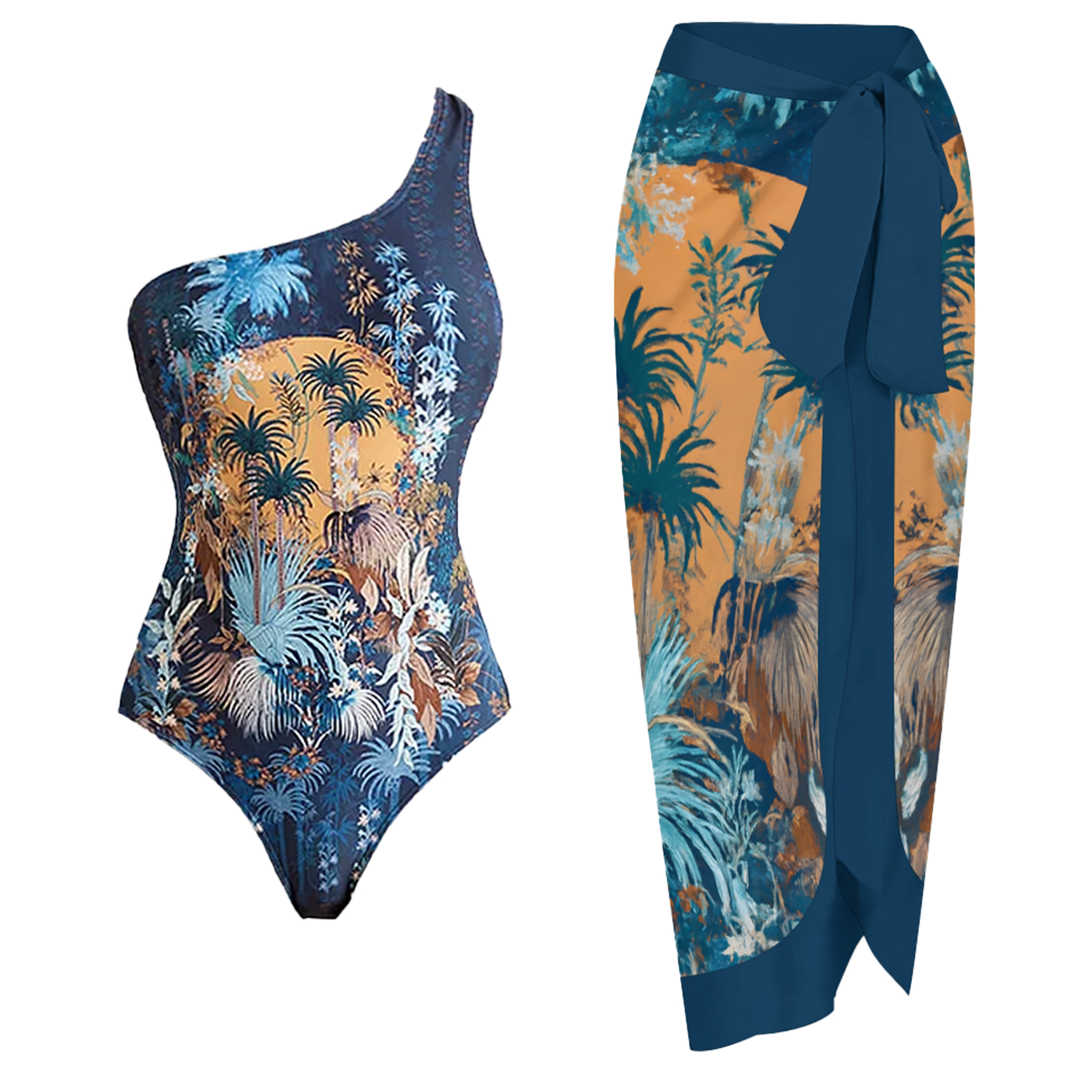 Women's One-Shoulder Scenery Under Moonlight Print One-Piece Swimsuit with Skirt