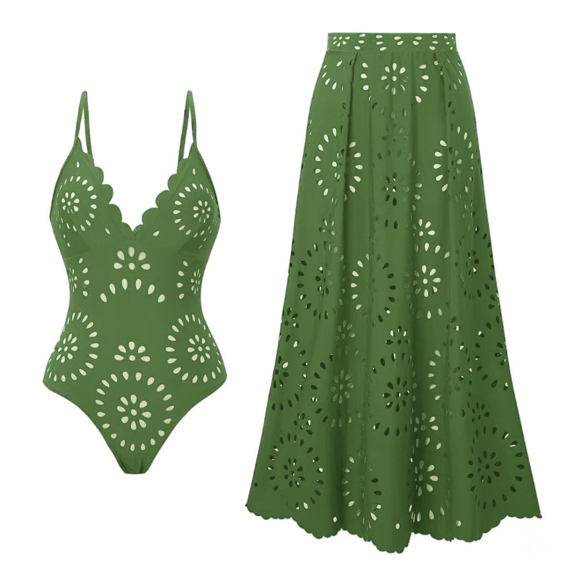 Multi-color Sexy Spaghetti Strap Lace-Up Cutout One-Piece Swimsuit with Matching Long Skirt Cover-Up