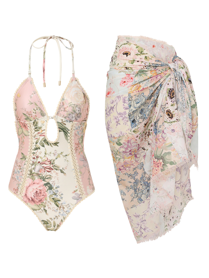 Vintage Floral Print Swimsuit and Cover-Up