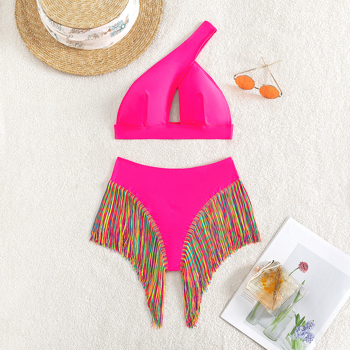 Sexy Solid Color One-Shoulder Two-Piece Swimsuit Set with Fringe Detail
