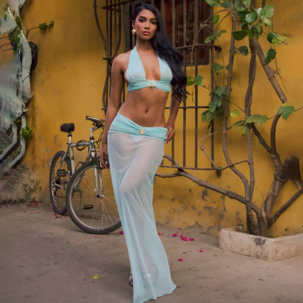 Blue Halter Neck Bikini Set with Sheer Mesh High-Slit Skirt