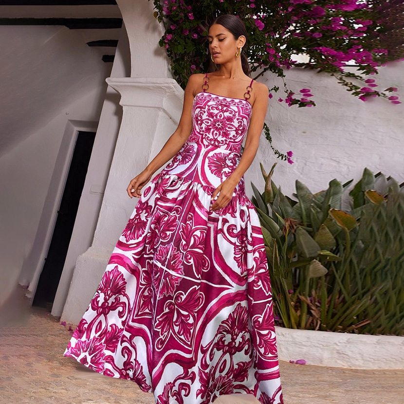 Sling Classic Majolica Series Pattern Print One Piece Swimsuit and Skirt - Pink