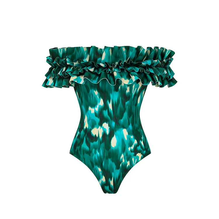 Women's Off Shoulder Ruffled Green Blooming Print One Piece Swimsuit and Mesh Splicing Sarong