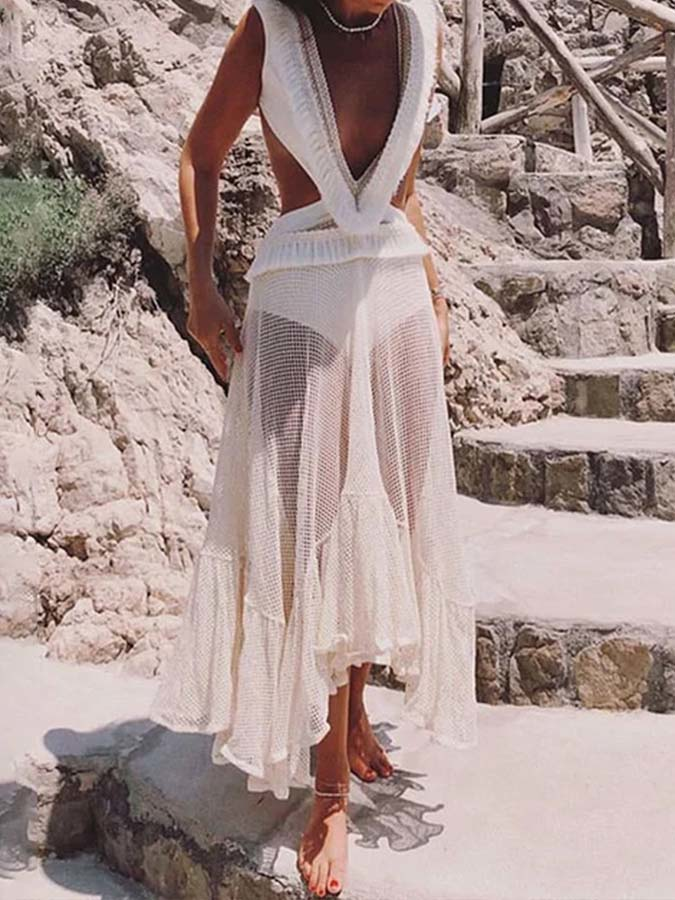 V Neck Tassel Cut Out One Piece Swimsuit