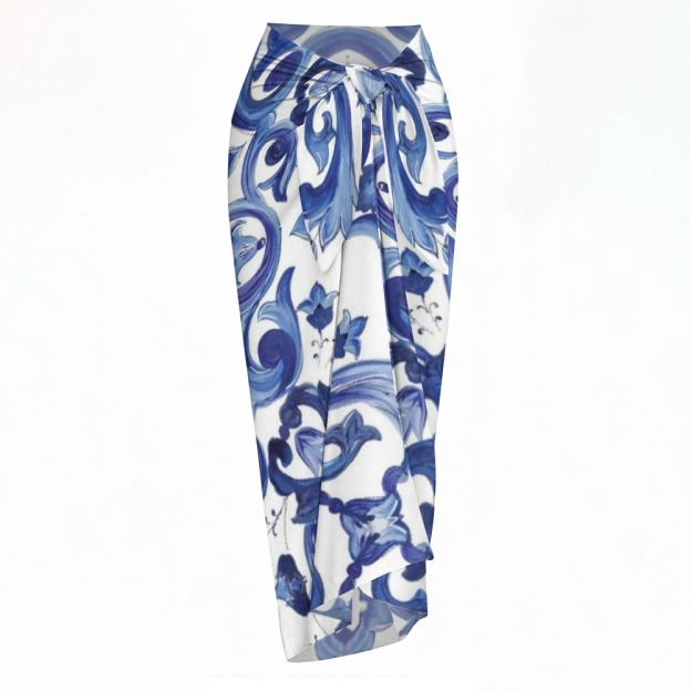 Elegant Baroque Pattern Bikini Set with Front Tie Top and Coordinated Sarong Skirt