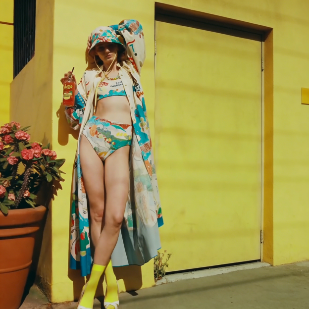 Abstract Graffiti Print Long-Sleeved High-Waisted Split Swimsuit Cover-up