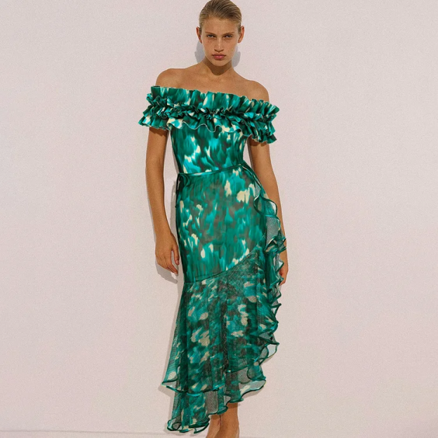 Women's Off Shoulder Ruffled Green Blooming Print One Piece Swimsuit and Mesh Splicing Sarong