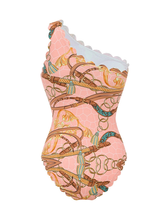 One Shoulder Lace Printed Swimsuit Set