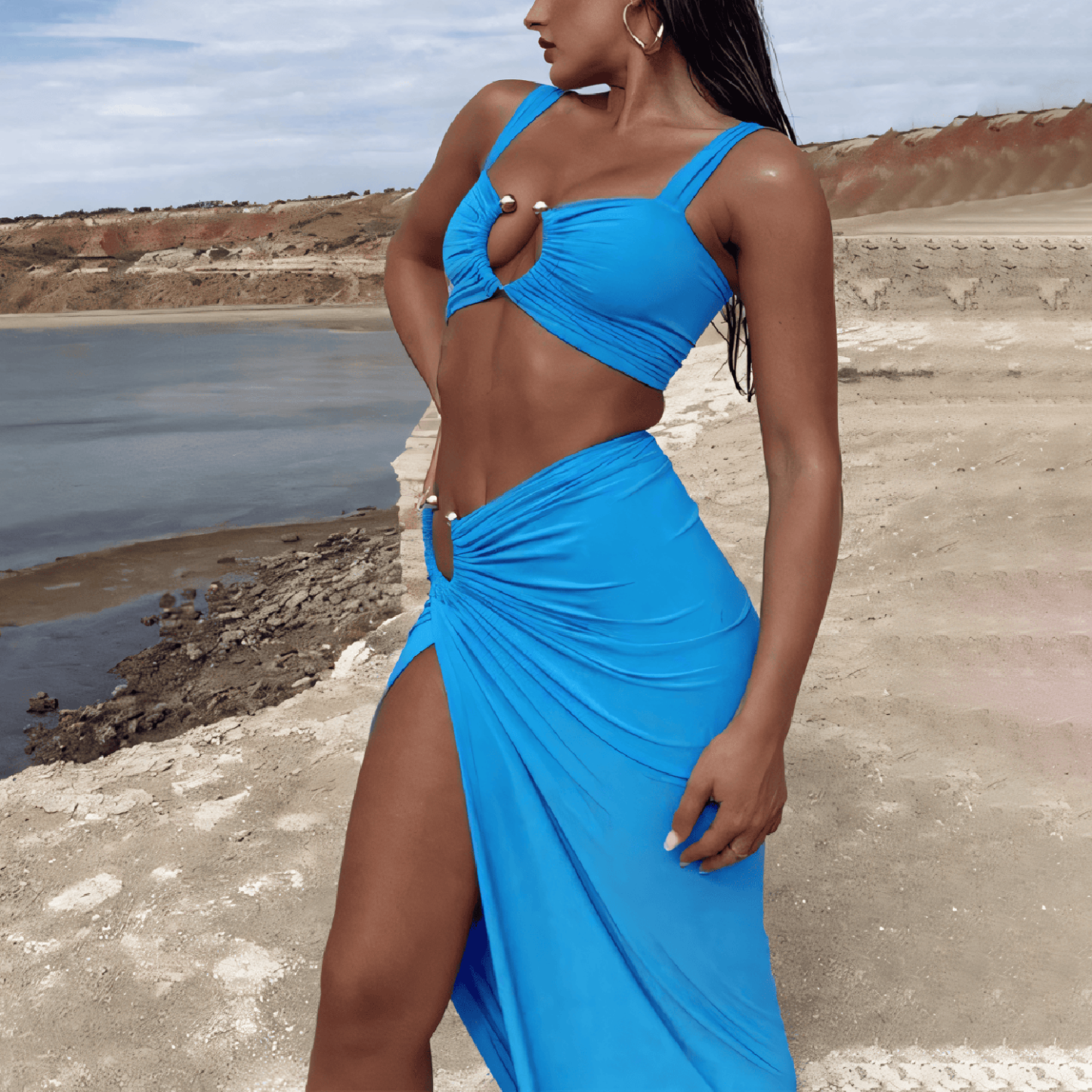 Criss-Cross Front Ring-Detail Long Skirted One-Piece Swimsuit