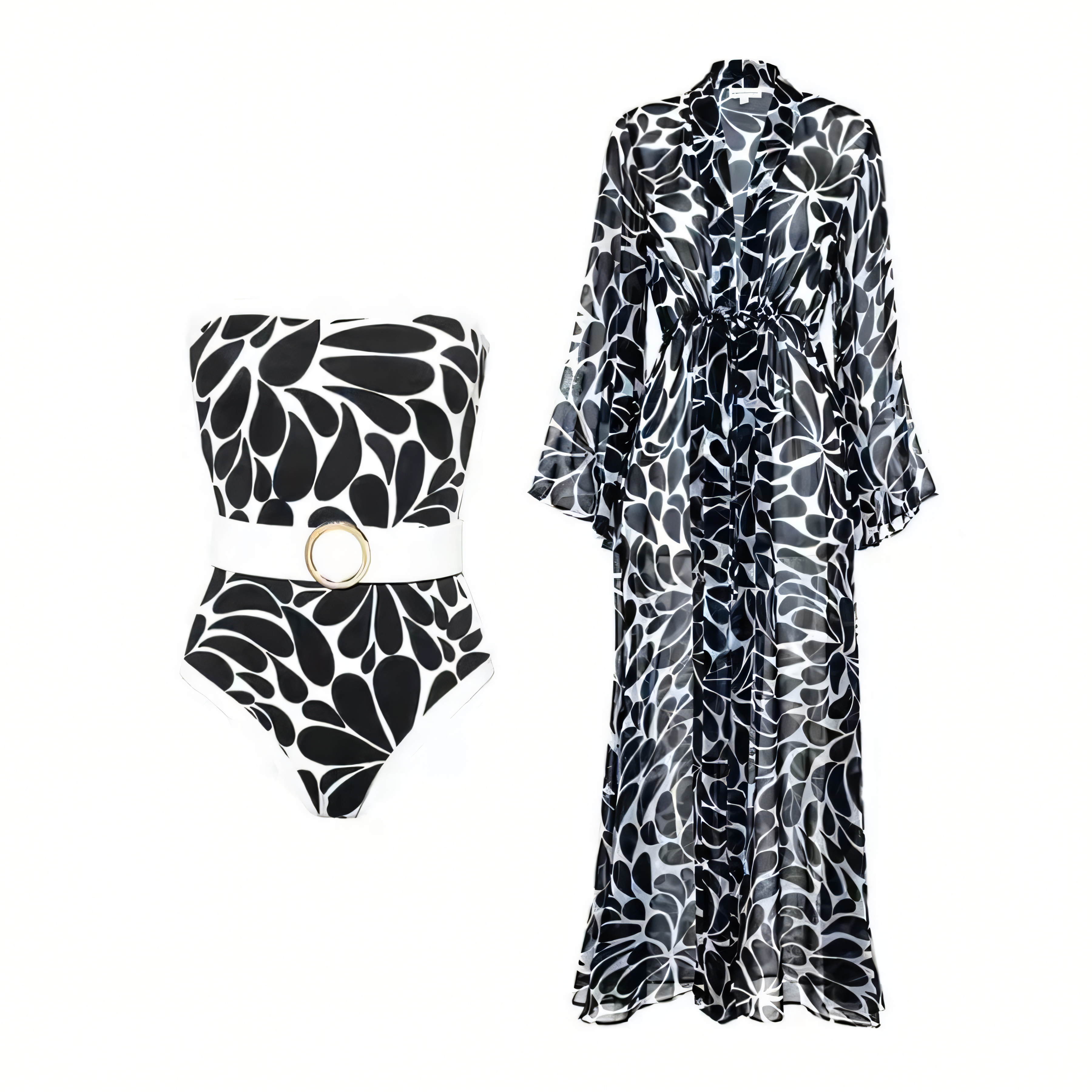 French Vintage Fashion Print One-Piece Swimsuit with Long-Sleeve Cover-Up Set