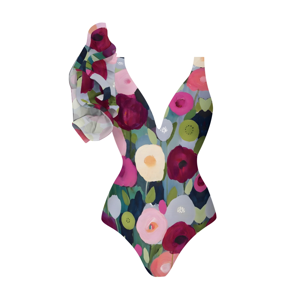 Women's Dark Bloom Print Ruffle One-Piece Swimsuit and Skirt
