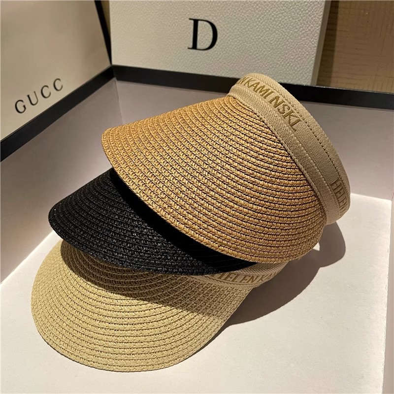 Straw Sun Visor With Wide Brim Open Top and Embroidered Band Suitable for Casual Summer Looks