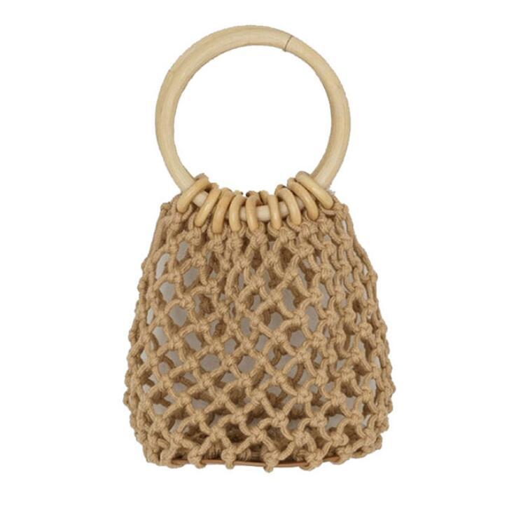 Mini Wooden Ring Cotton Rope Openwork Mesh Handbag Handwoven Straw Beach Tote